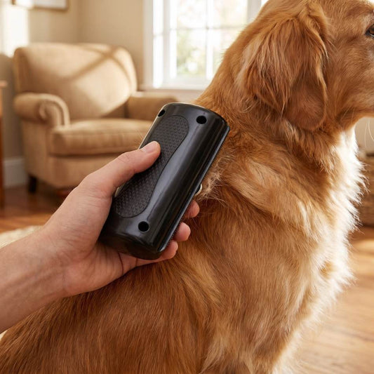 A person's hand holding a black pet grooming brush against a golden retriever dog's neck in a brightly lit living room.